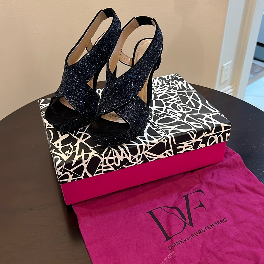 Diane von Furstenberg 5 Inch Heels Starry Night Glitter Original Box Size 7